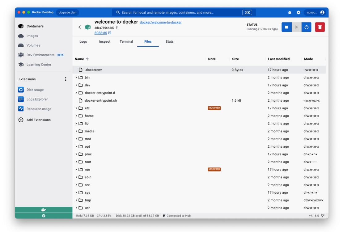 - dd418release f3 A screenshot of the Docker Desktop interface with the new Container File Explorer feature from the Containers tab.